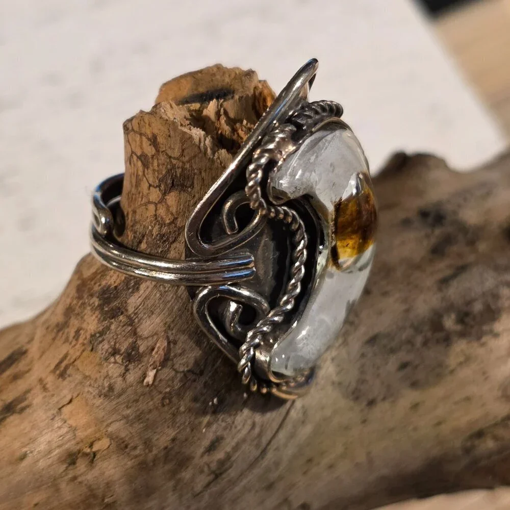 Peruvian Fused Art Glass White Silver Multi Crescent Moon OOAK Artisan Ring